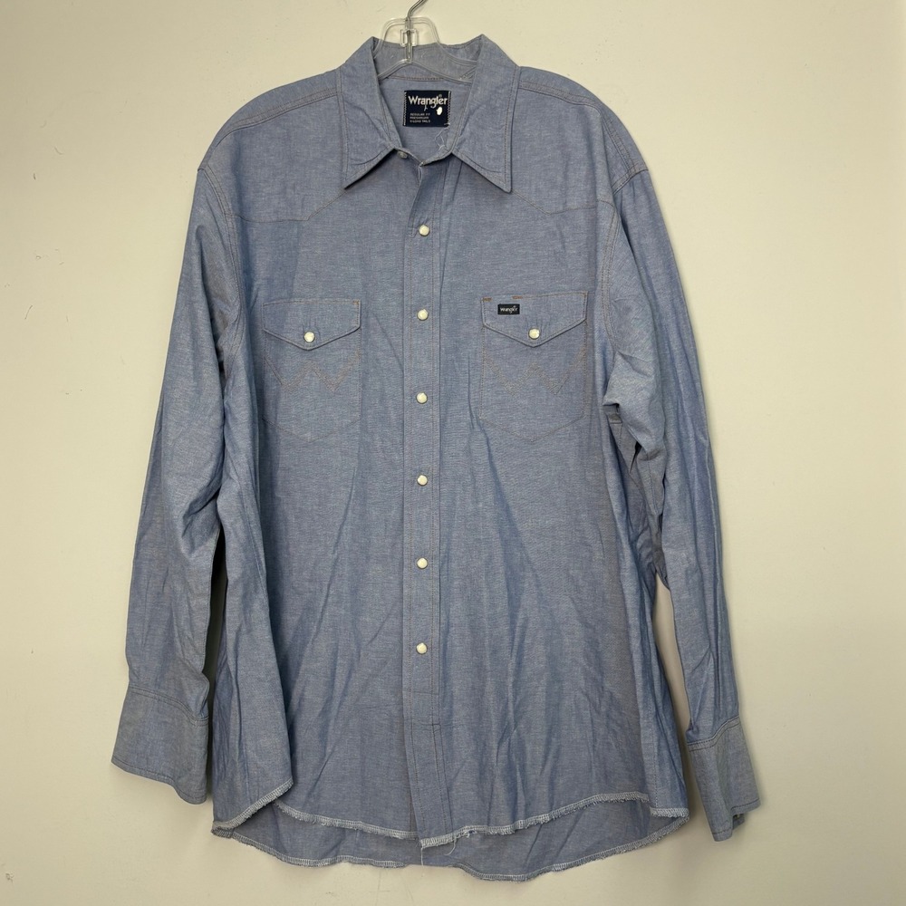 Wrangler Mens Blue Chambray Western Snap Long Sleeve Shirt XLT X-Long Tail